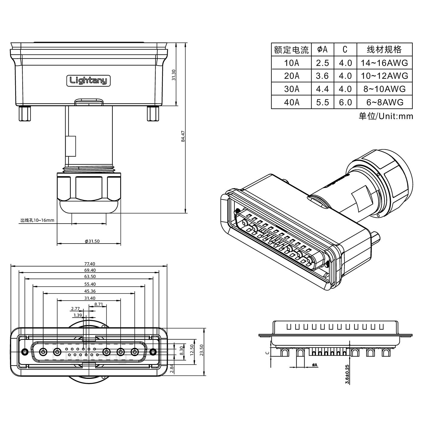 17W5公頭焊線(xiàn)+防水接頭/線(xiàn)徑10~16mm/大電流40A