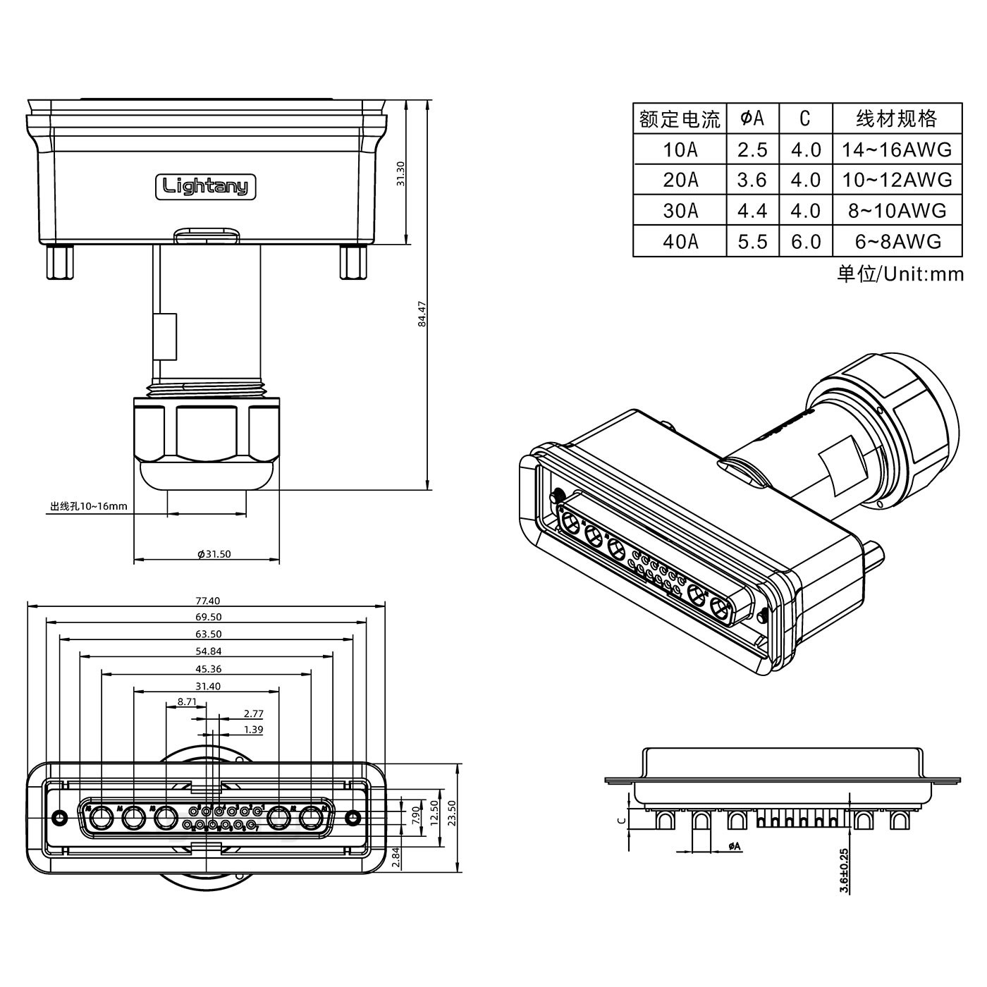 17W5母頭焊線+防水接頭/線徑10~16mm/大電流40A