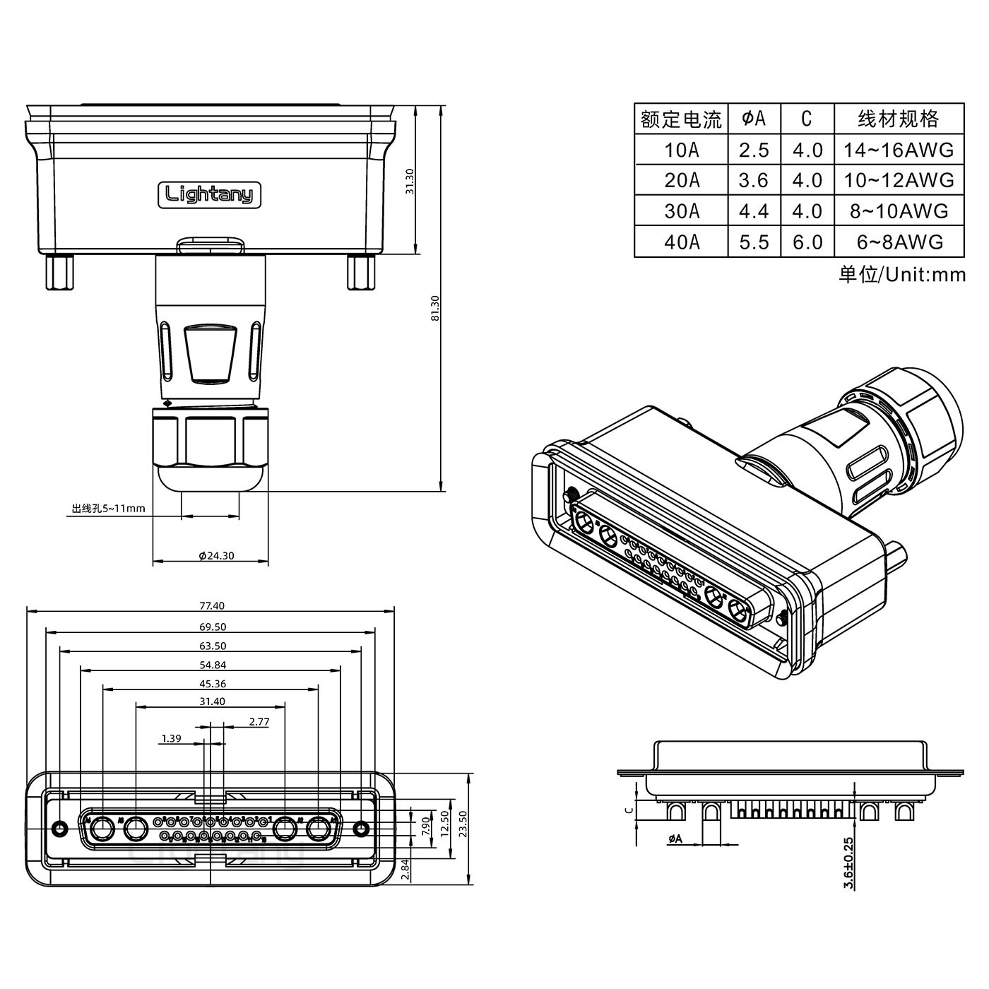 21W4母頭焊線+防水接頭/線徑5~11mm/大電流40A