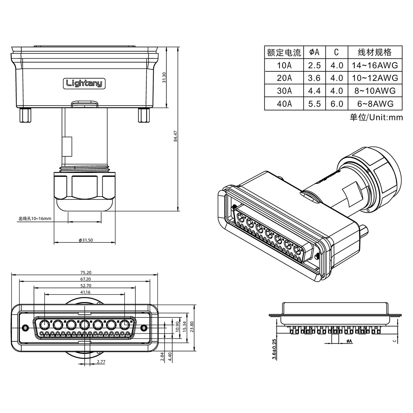 24W7母頭焊線+防水接頭/線徑10~16mm/大電流40A