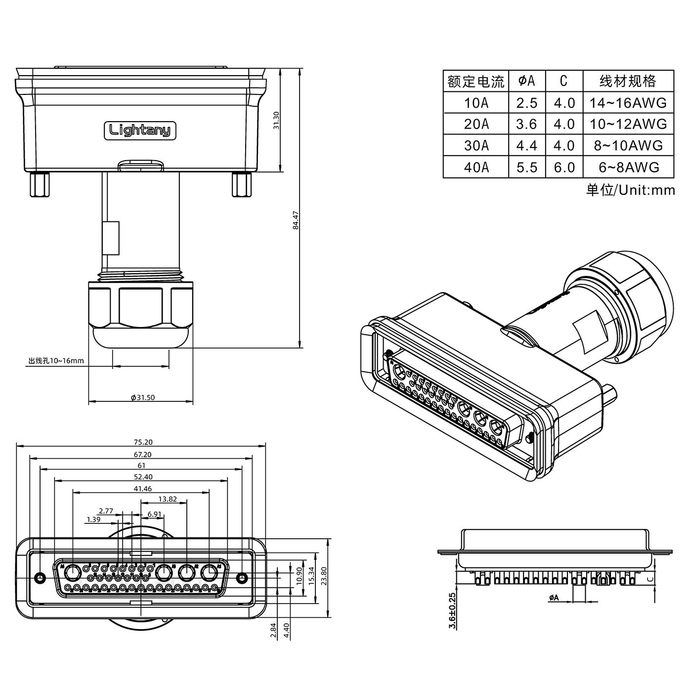 36W4母頭焊線+防水接頭/線徑10~16mm/大電流40A