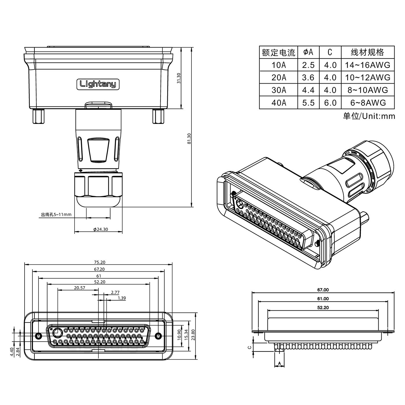 47W1母頭焊線+防水接頭/線徑5~11mm/大電流40A