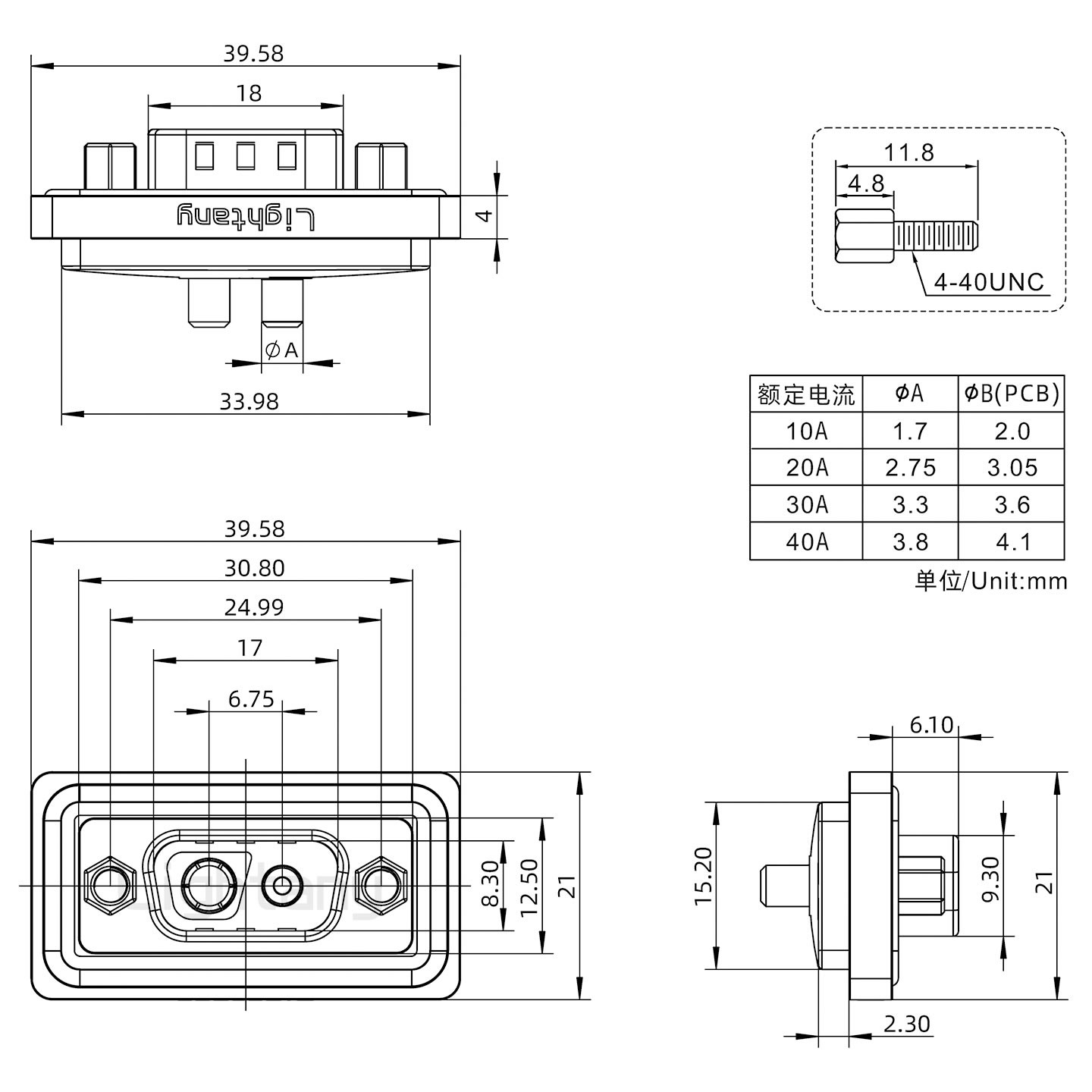 防水2V2公直插板/鎖螺絲/大電流40A