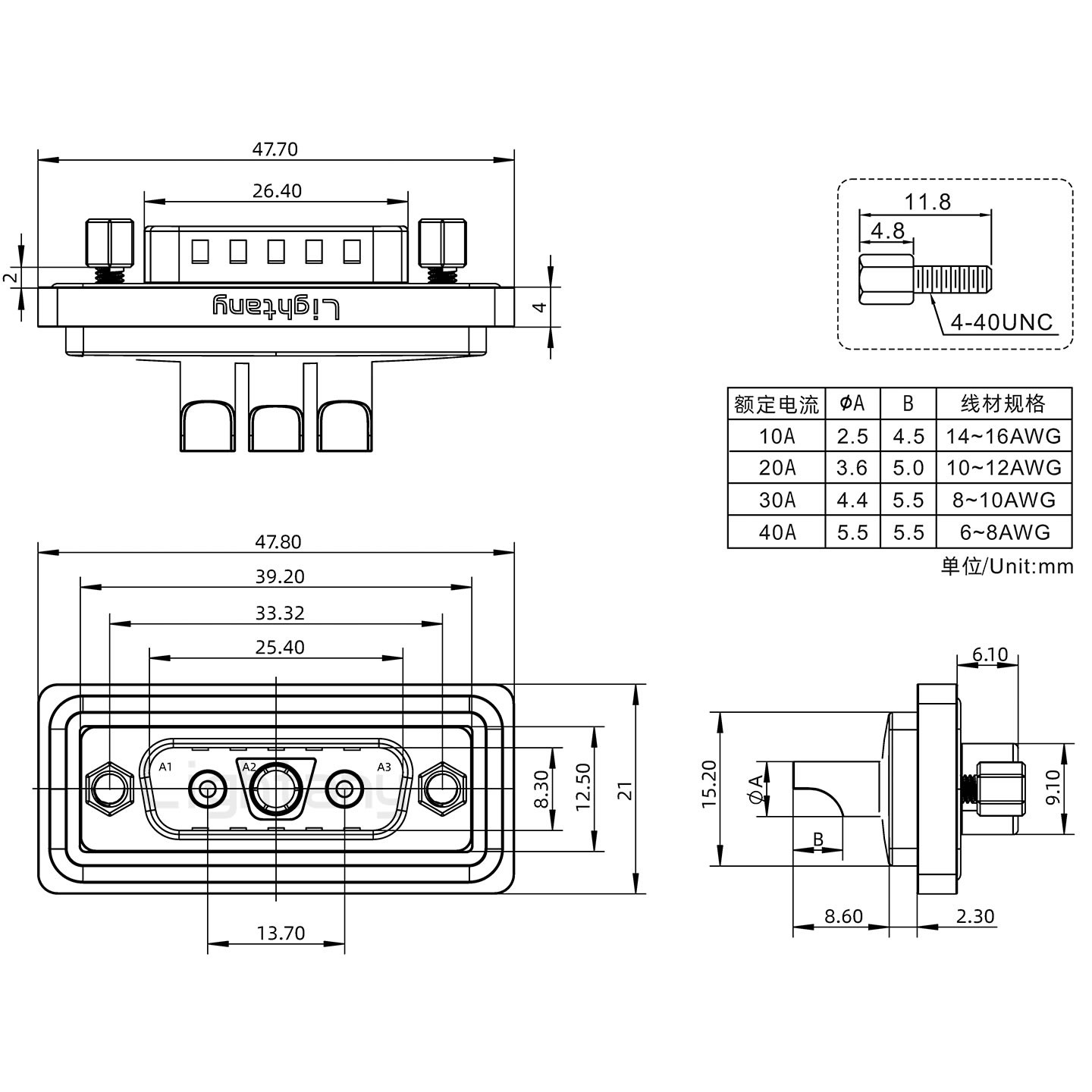 防水3V3公焊線(xiàn)式/鎖螺絲/大電流40A