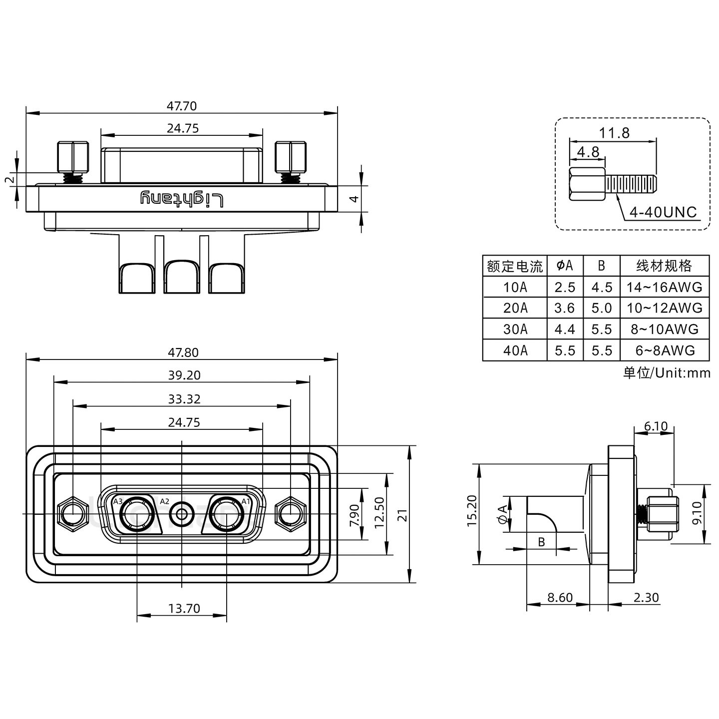 防水3V3母焊線式/鎖螺絲/大電流40A