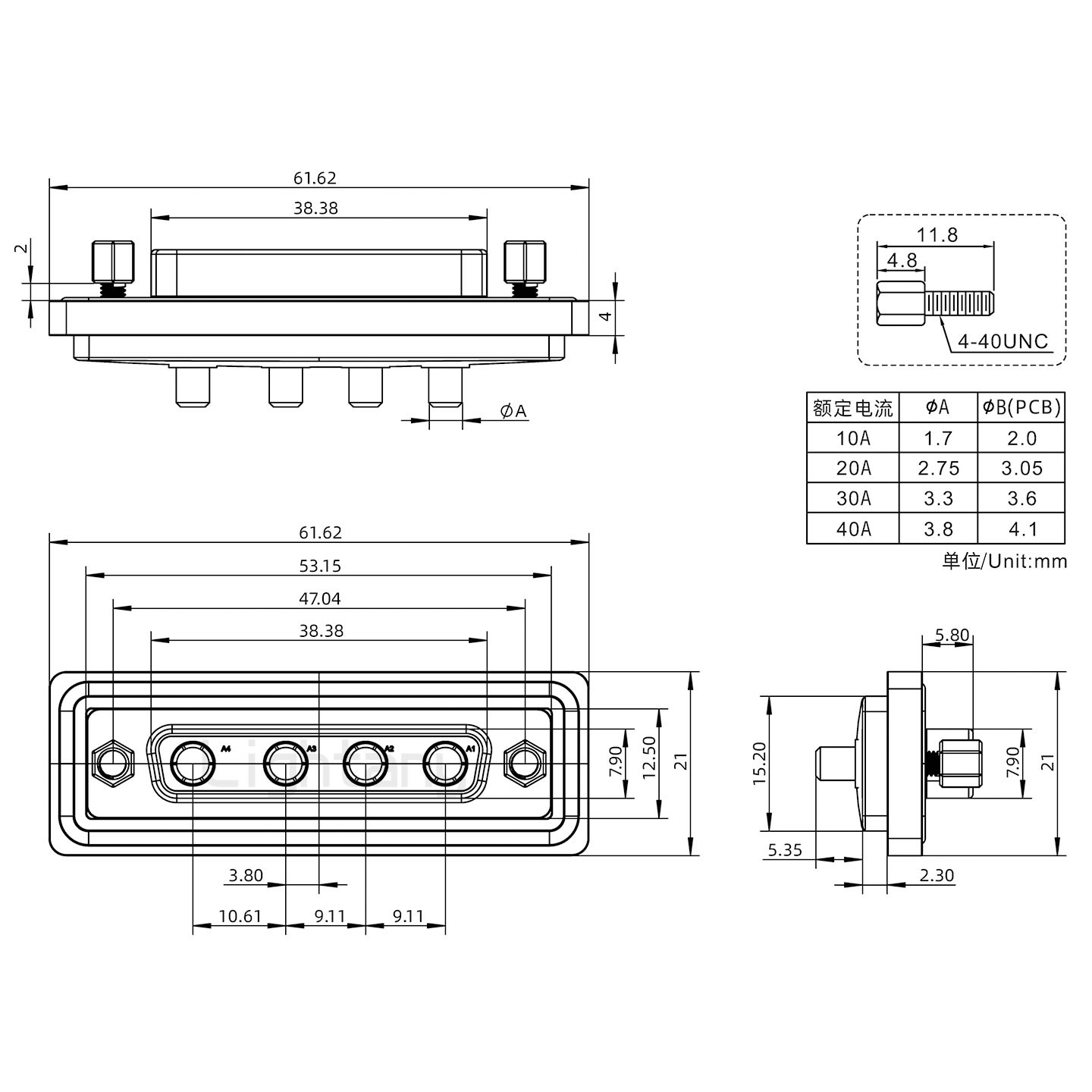 防水4W4母直插板/鎖螺絲/大電流40A