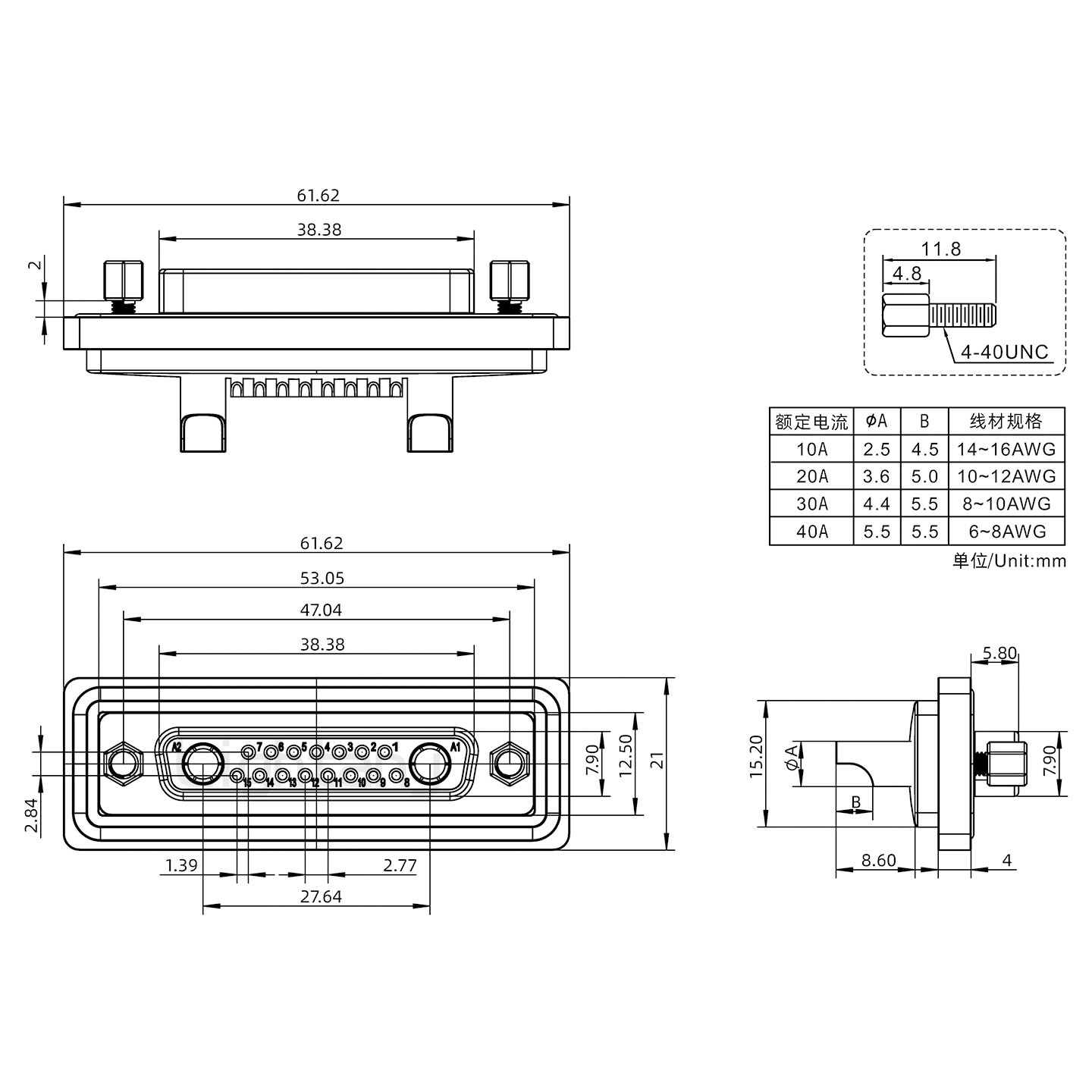 防水17W2母焊線式/鎖螺絲/大電流40A