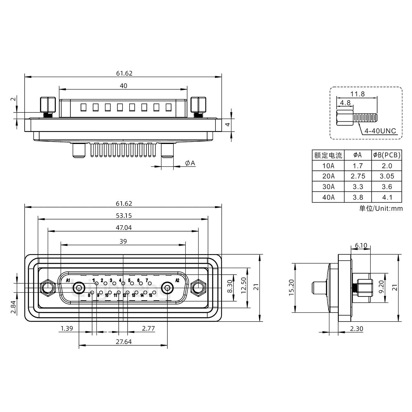 防水17W2公直插板/鎖螺絲/大電流40A