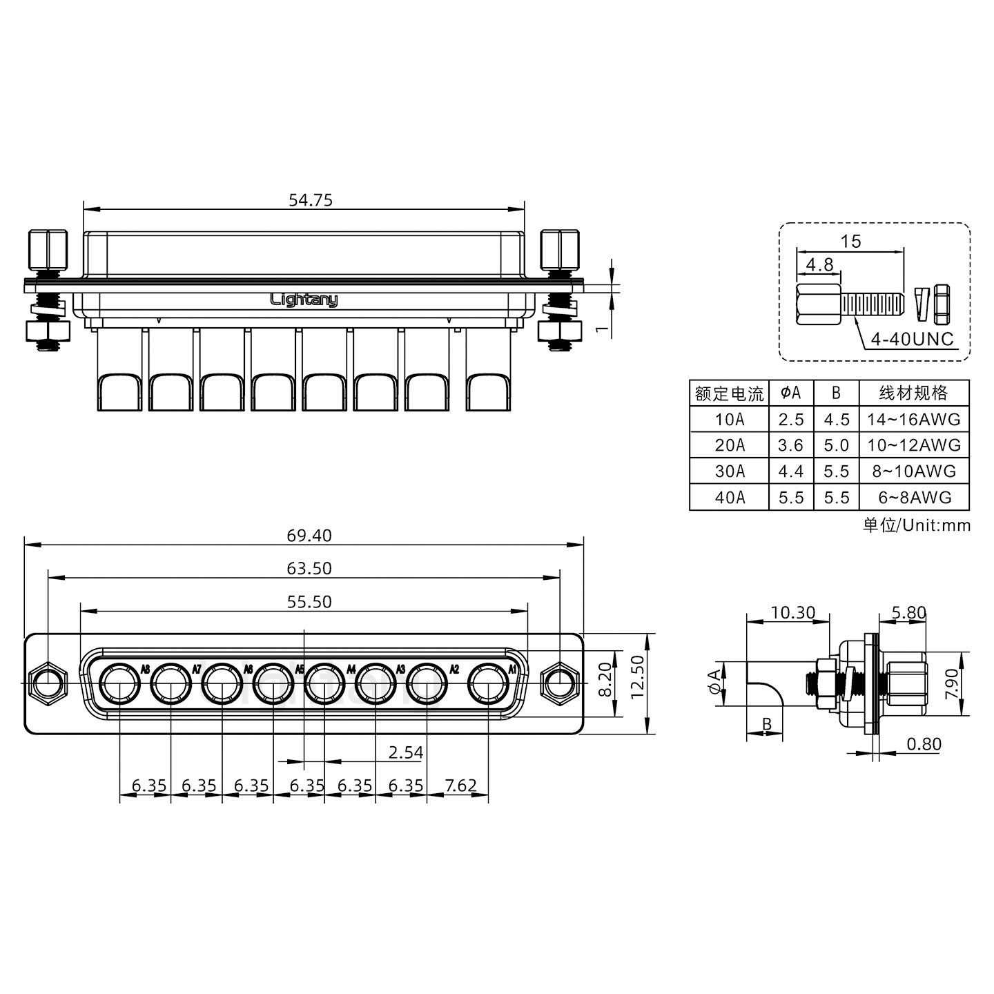 8W8母焊線式/鎖螺絲螺母+防水墊片/大電流40A