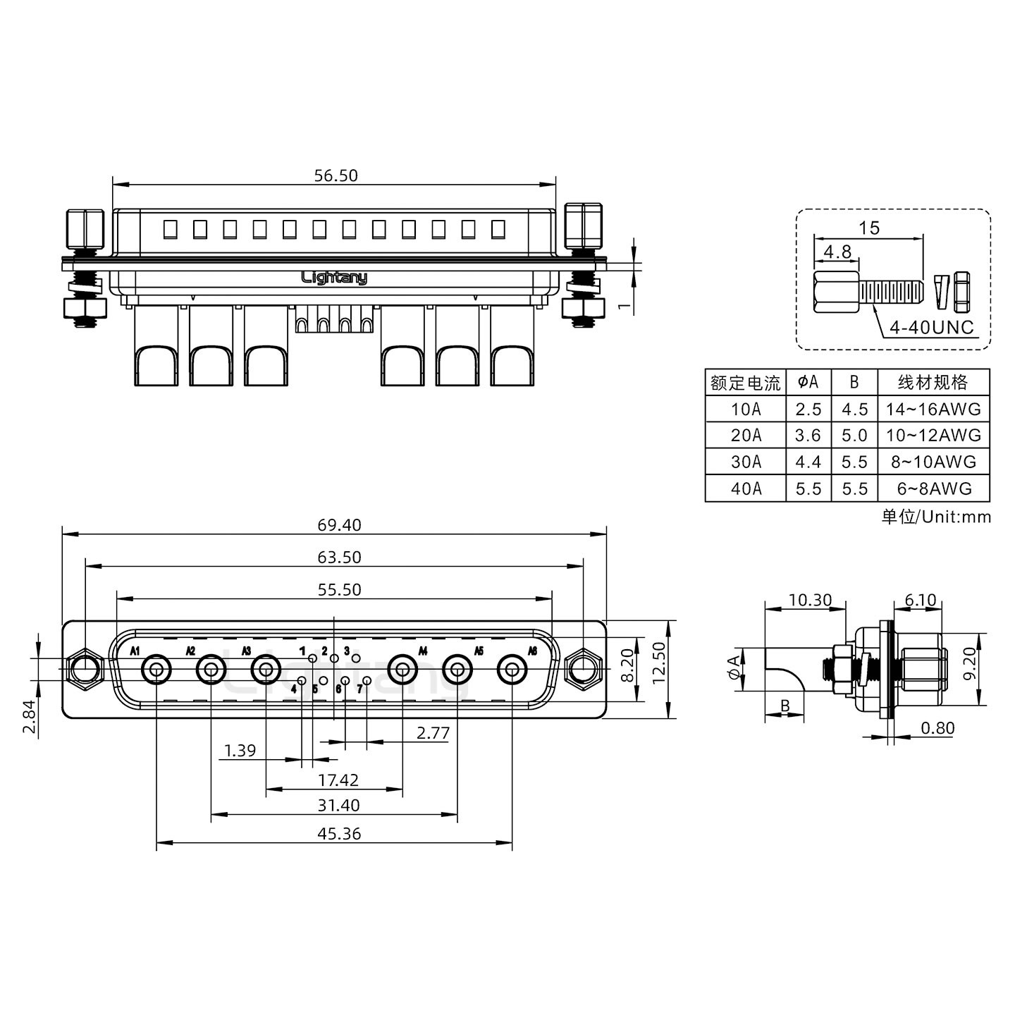 13W6A公焊線式/鎖螺絲螺母+防水墊片/大電流40A