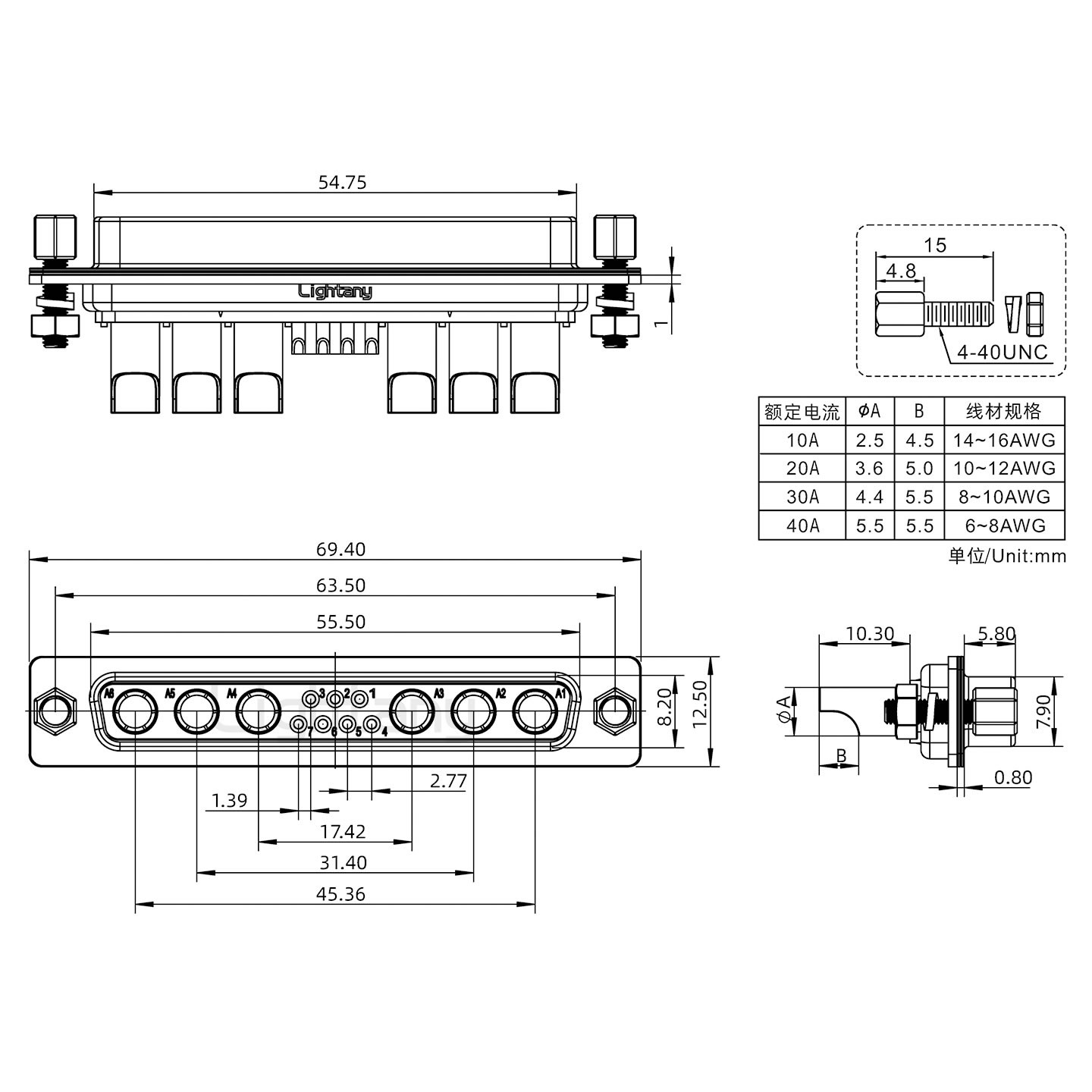 13W6A母焊線式/鎖螺絲螺母+防水墊片/大電流40A