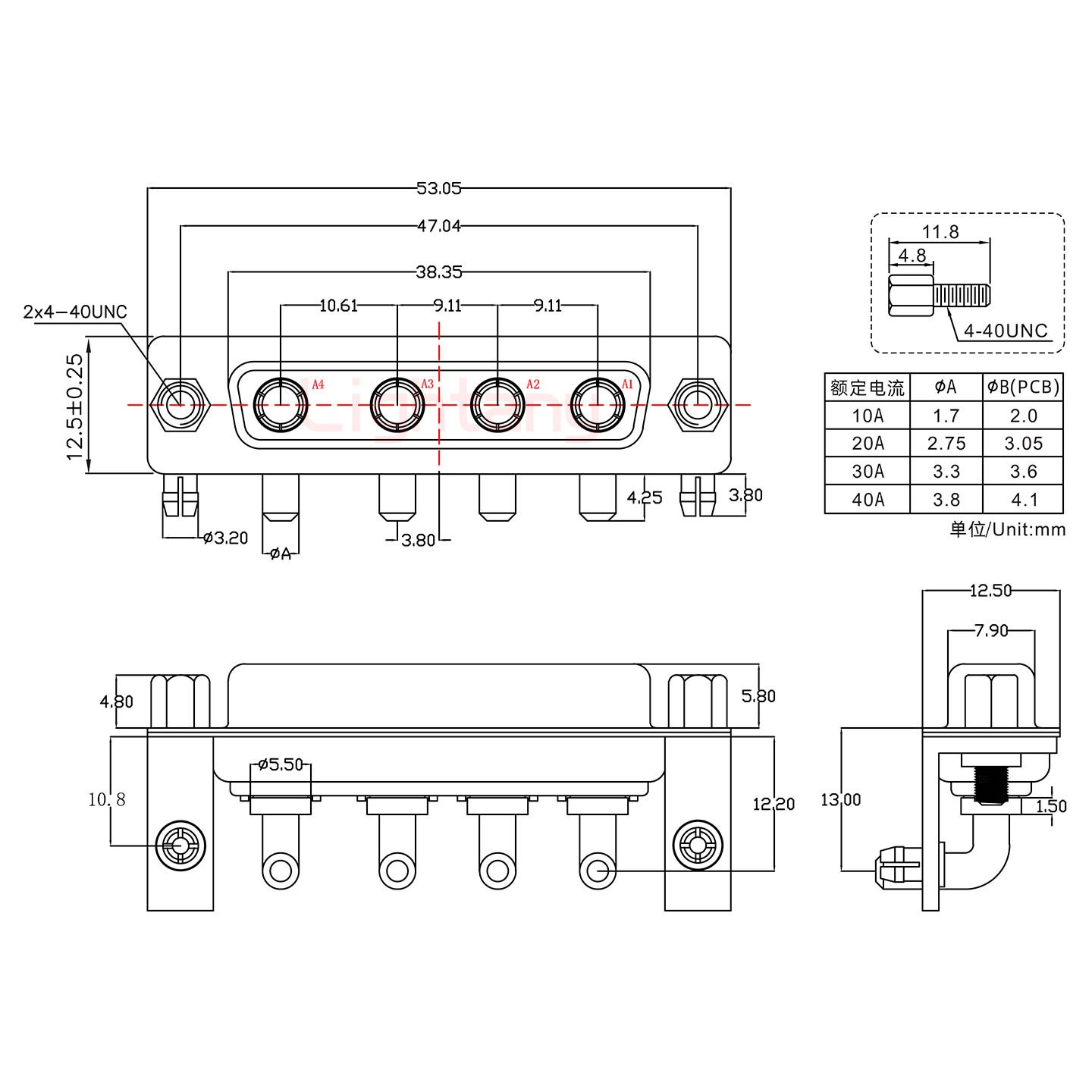 4W4母PCB彎插板/鉚支架10.8/大電流20A