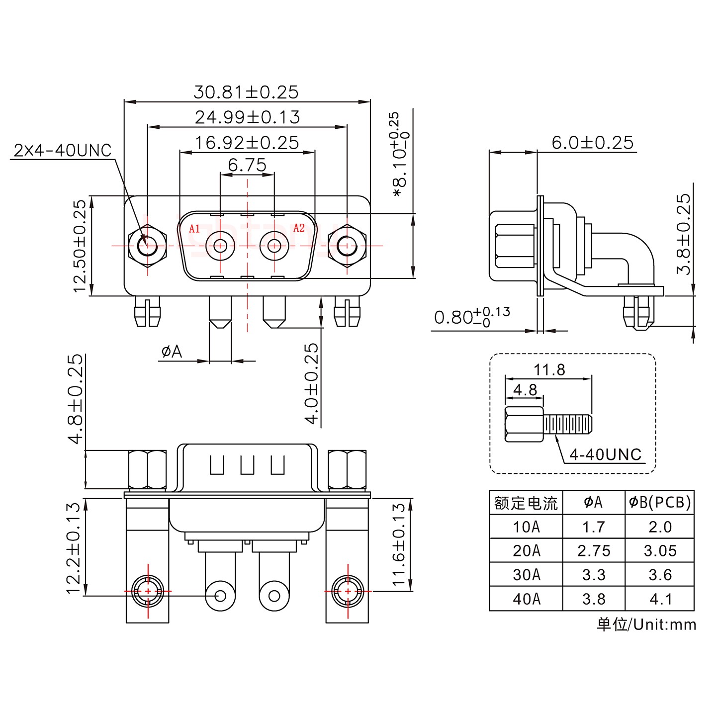 2W2公PCB彎插板/鉚支架11.6/大電流30A